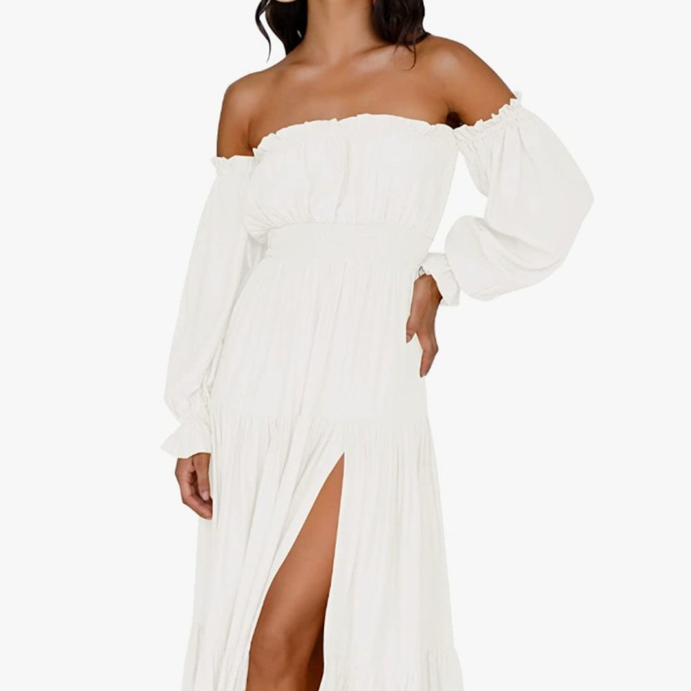 ZESICA Women's 2023 Boho Sexy Off Shoulder Long Sleeve Smocked High Waist